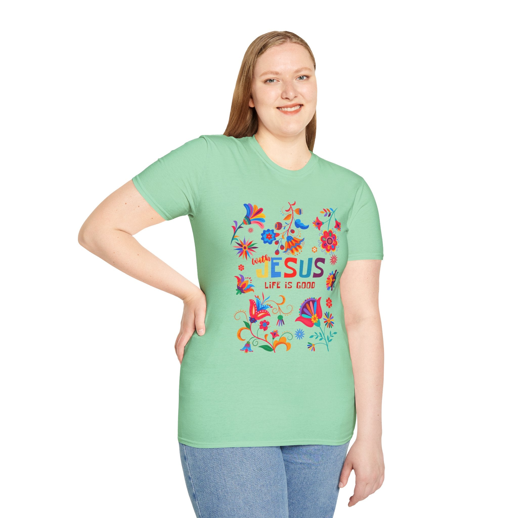 Colorful Christian T-Shirt - "With Jesus, Life is Good"