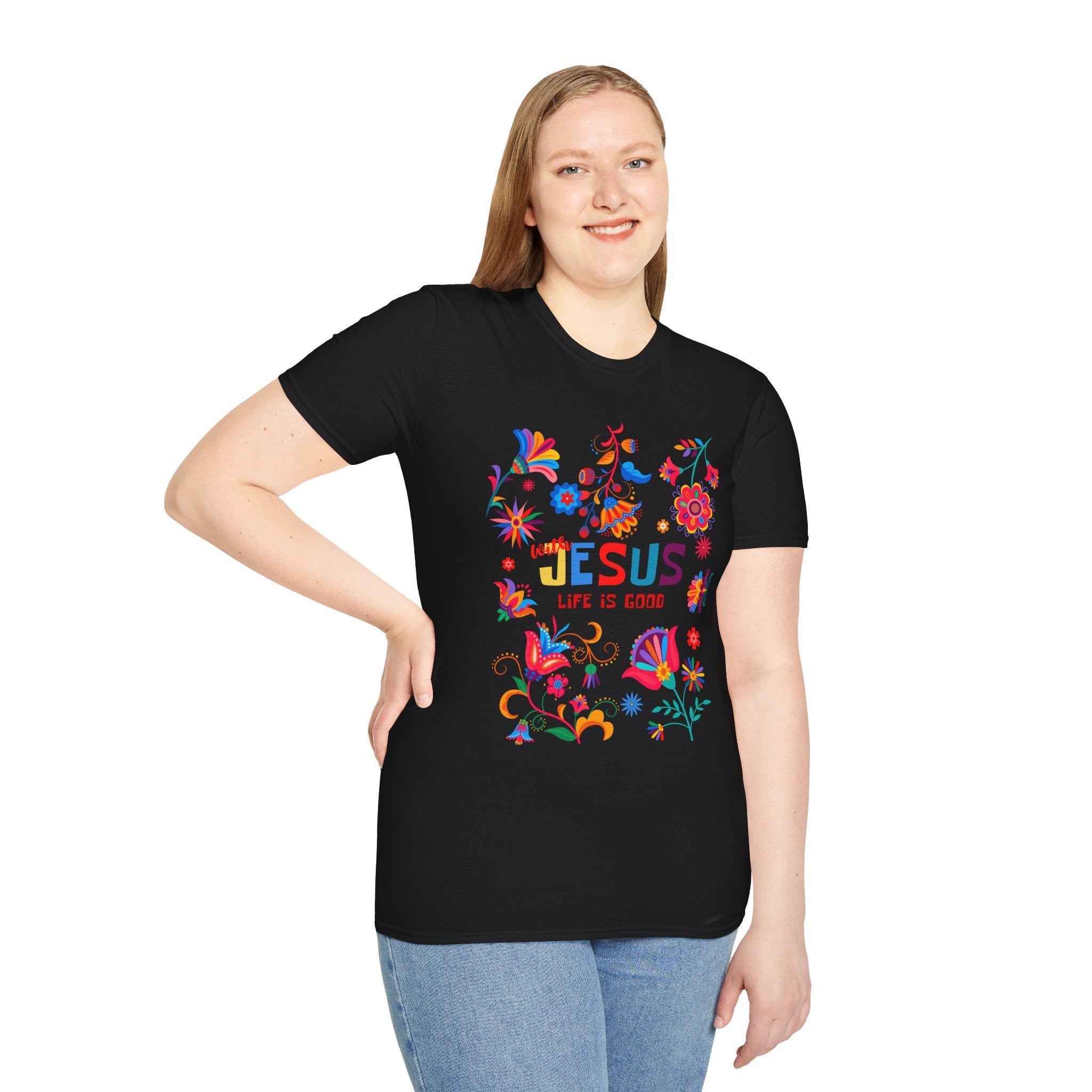 Colorful Christian T-Shirt - "With Jesus, Life is Good"
