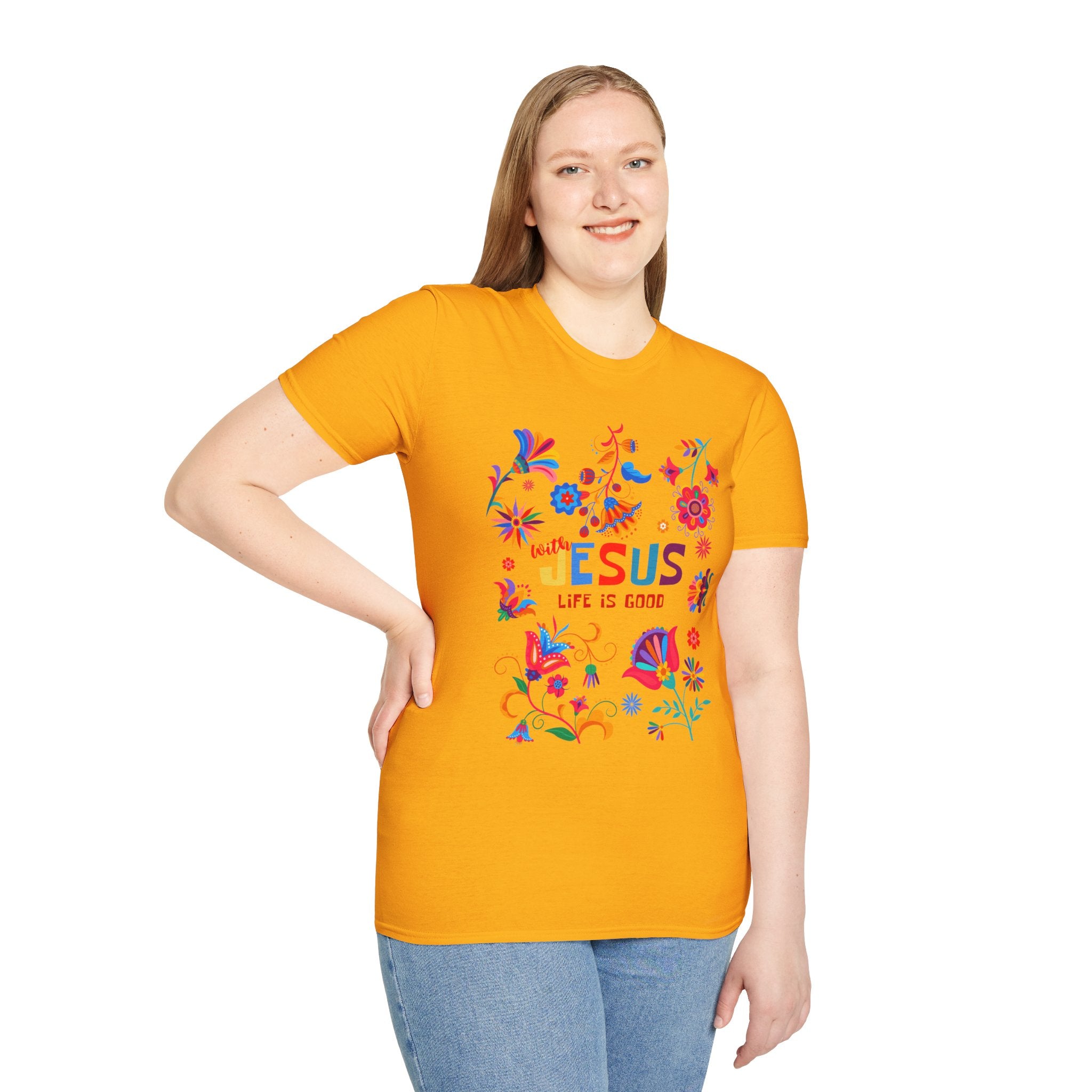 Colorful Christian T-Shirt - "With Jesus, Life is Good"
