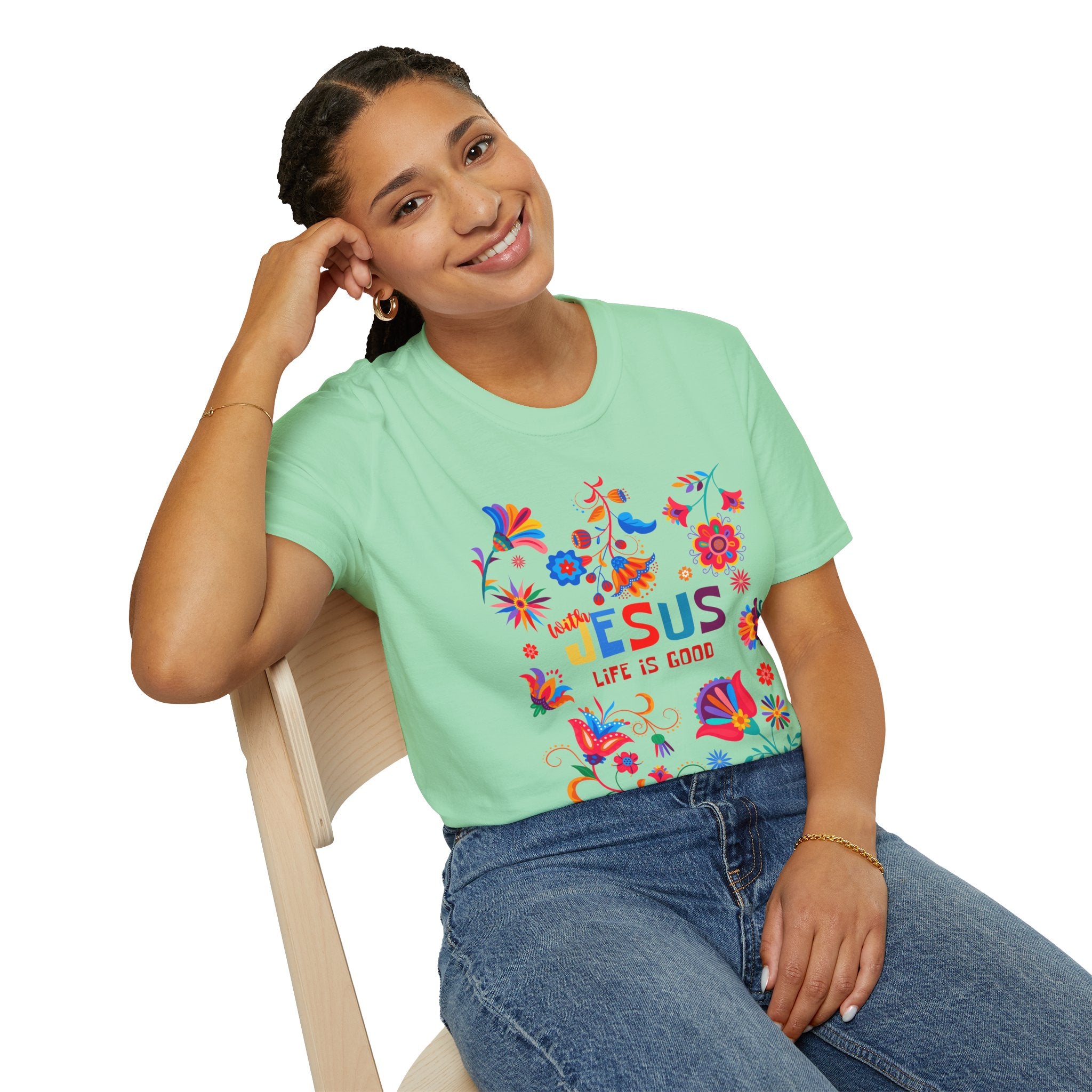 Colorful Christian T-Shirt - "With Jesus, Life is Good"