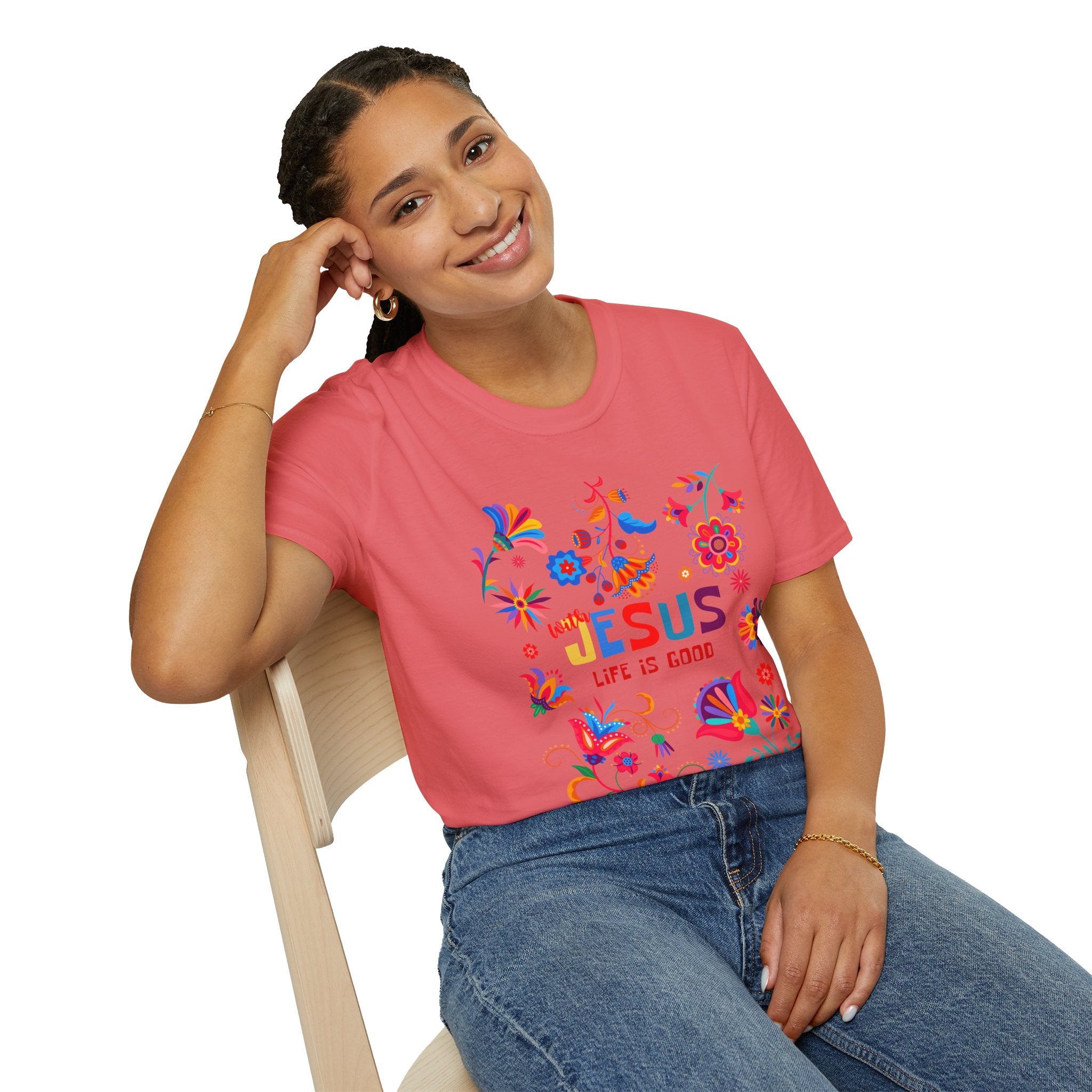 Colorful Christian T-Shirt - "With Jesus, Life is Good"